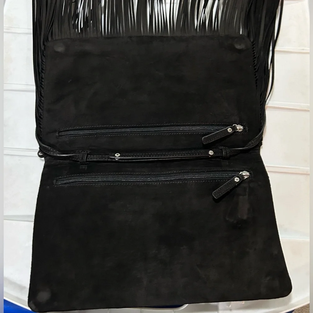DANIER black suede crossbody/clutch fringe bag BNWT - Picture 2 of 4
